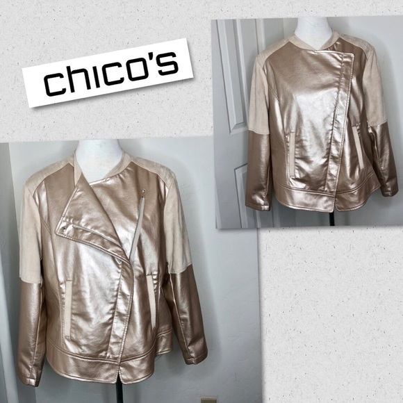 🌵Chico’s Gold Assymetric Zip Mixed Media Jacket - Picture 1 of 8